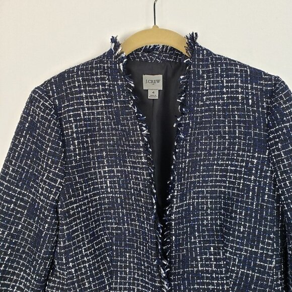 J Crew Broadway Blazer Black Blue White Tweed Fringe AL219 Womens Size 4 - Picture 3 of 9